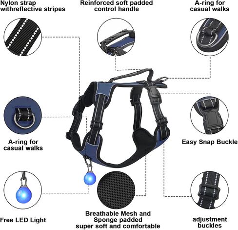 Dog Harness Navy Blue No Pull Y Shaped for Medium Sized Dog, Small to Large Dogs Reflective Adjustable Easy Walk Puppy Harnesses,Heavy Duty Girl Boy Pet Vest 3 Buckle with Handle & Light,M in Saudi Arabia