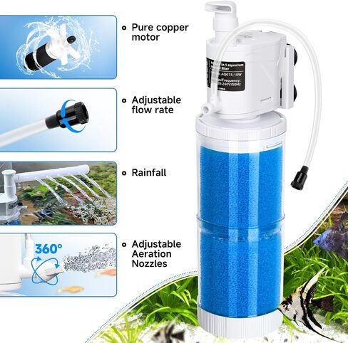 AQQA Submersible Aquarium Filter Whisper Fish Tank Filters Adjustable Internal Power Filter for 50-100 Gallon Water Filtration/Circulation/Oxygenation (15W，260GPH) in Saudi Arabia