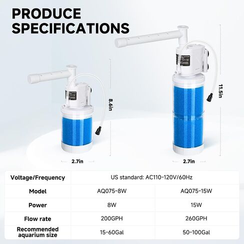 AQQA Submersible Aquarium Filter Whisper Fish Tank Filters Adjustable Internal Power Filter for 50-100 Gallon Water Filtration/Circulation/Oxygenation (15W，260GPH) in Saudi Arabia