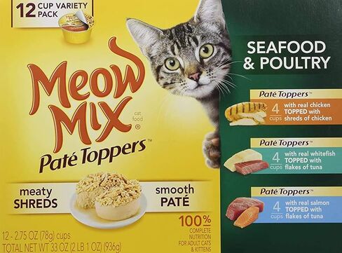 Meow Mix Company 799451-Pack 4 Mix Pate Topper مجموعة متنوعة من المأكولات البحرية/الدجاج، 2.75 أونصة، (عبوة من 4) in Kuwait