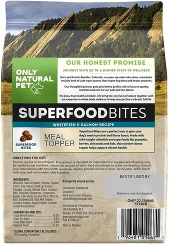 أونلي ناتشورال بت سوبر فود بايتس وجبة علوية للكلاب - نسبة عالية من البروتين وخالية من الحبوب - سمك السلمون والسمك الأبيض، 8 أونصة in Kuwait