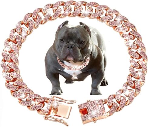 Cuban Link Dog Collar Gold Crystal Dog Necklace Metal Chain Collar with Design Secure Buckle Pet Collar Jewelry Accessories for Small Medium Large Dogs Cats(22inch) in Saudi Arabia