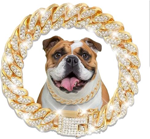 Cuban Link Dog Collar Gold Crystal Dog Necklace Metal Chain Collar with Design Secure Buckle Pet Collar Jewelry Accessories for Small Medium Large Dogs Cats(22inch) in Saudi Arabia