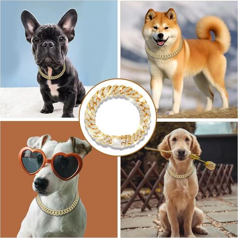 Cuban Link Dog Collar Gold Crystal Dog Necklace Metal Chain Collar with Design Secure Buckle Pet Collar Jewelry Accessories for Small Medium Large Dogs Cats(22inch) in Saudi Arabia