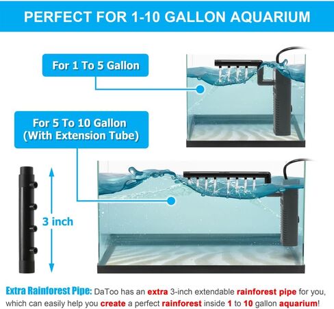 DaToo Aquarium فلتر داخلي صغير غاطس لخزان الأسماك 3 وات 66 جيجا في الساعة، فلتر طاقة قابل للتعديل مع وظائف متعددة لخزانات الأسماك من 1 إلى 10 جالون in Kuwait