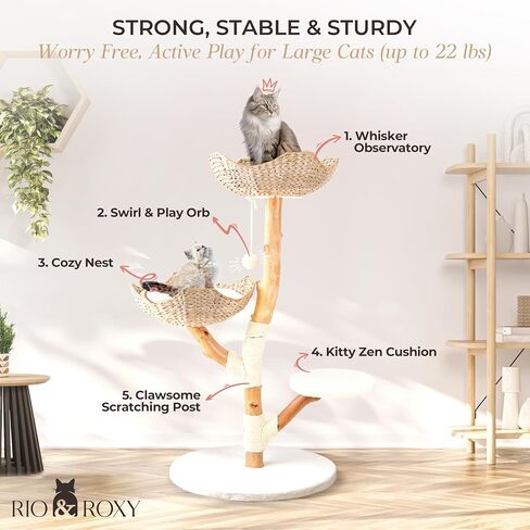 Real Wood Modern Cat Tree Tower for Indoor Cats Large Adult, Wooden Cat Tower with Scratching Post and Bed, Boho Aesthetic Tall Luxury Cat Furniture, Kitty Climbing Tower by Rio & Roxy in Saudi Arabia