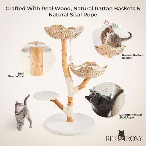 Real Wood Modern Cat Tree Tower for Indoor Cats Large Adult, Wooden Cat Tower with Scratching Post and Bed, Boho Aesthetic Tall Luxury Cat Furniture, Kitty Climbing Tower by Rio & Roxy in Saudi Arabia