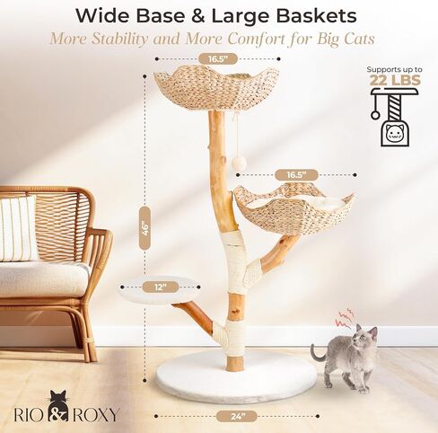 Real Wood Modern Cat Tree Tower for Indoor Cats Large Adult, Wooden Cat Tower with Scratching Post and Bed, Boho Aesthetic Tall Luxury Cat Furniture, Kitty Climbing Tower by Rio & Roxy in Saudi Arabia