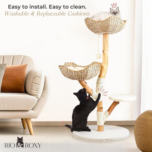 Real Wood Modern Cat Tree Tower for Indoor Cats Large Adult, Wooden Cat Tower with Scratching Post and Bed, Boho Aesthetic Tall Luxury Cat Furniture, Kitty Climbing Tower by Rio & Roxy in Saudi Arabia