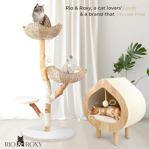 Real Wood Modern Cat Tree Tower for Indoor Cats Large Adult, Wooden Cat Tower with Scratching Post and Bed, Boho Aesthetic Tall Luxury Cat Furniture, Kitty Climbing Tower by Rio & Roxy in Saudi Arabia