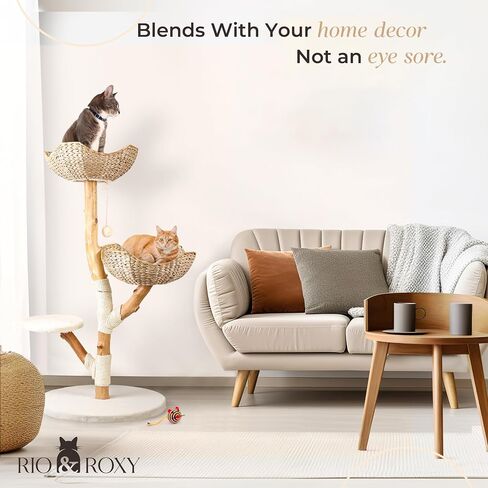 Real Wood Modern Cat Tree Tower for Indoor Cats Large Adult, Wooden Cat Tower with Scratching Post and Bed, Boho Aesthetic Tall Luxury Cat Furniture, Kitty Climbing Tower by Rio & Roxy in Saudi Arabia