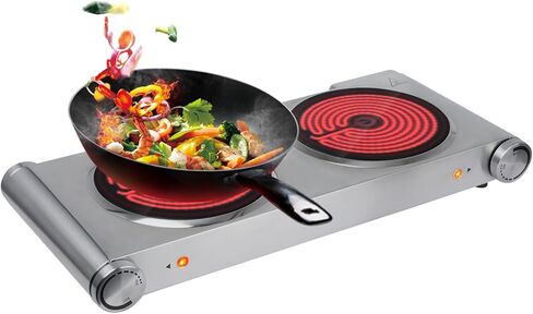 طبق ساخن من دافيفي للطهي موقد كهربائي محمول، شعلات مزدوجة من السيراميك بالأشعة تحت الحمراء، قاعدة من الفولاذ المقاوم للصدأ، شعلتان لجميع أواني الطبخ للمنزل (فضي، 900 وات + 900 وات) (موقد مزدوج) in Kuwait