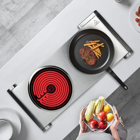 طبق ساخن من دافيفي للطهي موقد كهربائي محمول، شعلات مزدوجة من السيراميك بالأشعة تحت الحمراء، قاعدة من الفولاذ المقاوم للصدأ، شعلتان لجميع أواني الطبخ للمنزل (فضي، 900 وات + 900 وات) (موقد مزدوج) in Kuwait