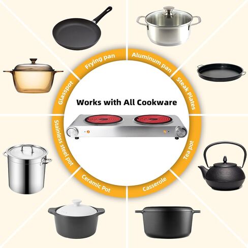 طبق ساخن من دافيفي للطهي موقد كهربائي محمول، شعلات مزدوجة من السيراميك بالأشعة تحت الحمراء، قاعدة من الفولاذ المقاوم للصدأ، شعلتان لجميع أواني الطبخ للمنزل (فضي، 900 وات + 900 وات) (موقد مزدوج) in Kuwait