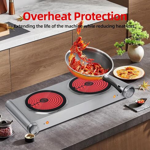 طبق ساخن من دافيفي للطهي موقد كهربائي محمول، شعلات مزدوجة من السيراميك بالأشعة تحت الحمراء، قاعدة من الفولاذ المقاوم للصدأ، شعلتان لجميع أواني الطبخ للمنزل (فضي، 900 وات + 900 وات) (موقد مزدوج) in Kuwait