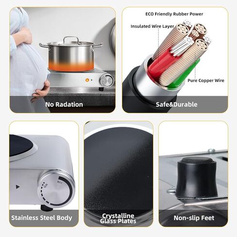 طبق ساخن من دافيفي للطهي موقد كهربائي محمول، شعلات مزدوجة من السيراميك بالأشعة تحت الحمراء، قاعدة من الفولاذ المقاوم للصدأ، شعلتان لجميع أواني الطبخ للمنزل (فضي، 900 وات + 900 وات) (موقد مزدوج) in Kuwait