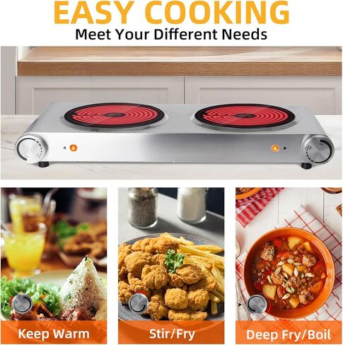 طبق ساخن من دافيفي للطهي موقد كهربائي محمول، شعلات مزدوجة من السيراميك بالأشعة تحت الحمراء، قاعدة من الفولاذ المقاوم للصدأ، شعلتان لجميع أواني الطبخ للمنزل (فضي، 900 وات + 900 وات) (موقد مزدوج) in Kuwait