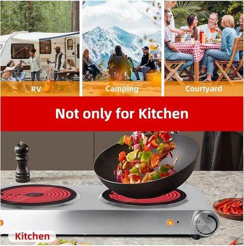 طبق ساخن من دافيفي للطهي موقد كهربائي محمول، شعلات مزدوجة من السيراميك بالأشعة تحت الحمراء، قاعدة من الفولاذ المقاوم للصدأ، شعلتان لجميع أواني الطبخ للمنزل (فضي، 900 وات + 900 وات) (موقد مزدوج) in Kuwait