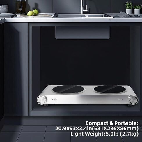 طبق ساخن من دافيفي للطهي موقد كهربائي محمول، شعلات مزدوجة من السيراميك بالأشعة تحت الحمراء، قاعدة من الفولاذ المقاوم للصدأ، شعلتان لجميع أواني الطبخ للمنزل (فضي، 900 وات + 900 وات) (موقد مزدوج) in Kuwait