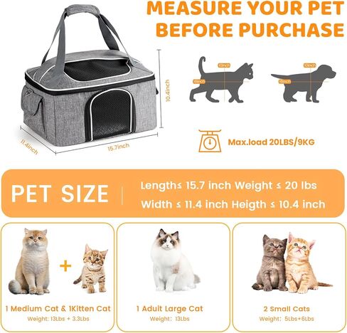 Cat Carrier Soft for 2 Kitten Cats 16x12x11 inches Small Pet Dog Carrier Pet Carrier Airline Approved, Foldable Traval Cat Carrying Bag Under 20lbs in Saudi Arabia