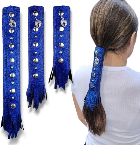 COBALT BLUE Glitter 6" inch Leather Hair Wrap | Motorcycle Helmet Ponytail Sleeve Hair Protector & Frizz Saver | Lady Rider Biker Gear Hair Tie Accessory w/Fringe Crystals Made in USA (6 inch) in Saudi Arabia