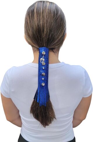 COBALT BLUE Glitter 6" inch Leather Hair Wrap | Motorcycle Helmet Ponytail Sleeve Hair Protector & Frizz Saver | Lady Rider Biker Gear Hair Tie Accessory w/Fringe Crystals Made in USA (6 inch) in Saudi Arabia