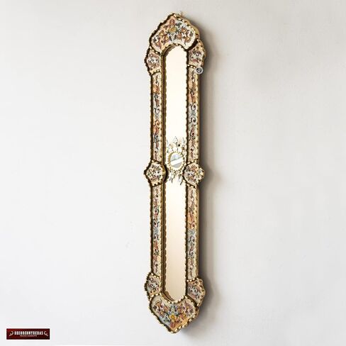 Peruvian Long Narrow mirror 35.4" tall - Painting on glass skinny Mirror for wall home decor - Gold leaf wood framed Narrow Mirror for living room (Gold Frame) in Saudi Arabia