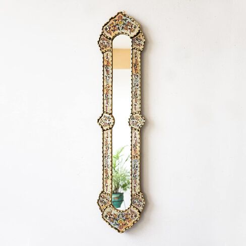 Peruvian Long Narrow mirror 35.4" tall - Painting on glass skinny Mirror for wall home decor - Gold leaf wood framed Narrow Mirror for living room (Gold Frame) in Saudi Arabia