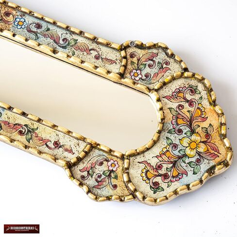 Peruvian Long Narrow mirror 35.4" tall - Painting on glass skinny Mirror for wall home decor - Gold leaf wood framed Narrow Mirror for living room (Gold Frame) in Saudi Arabia
