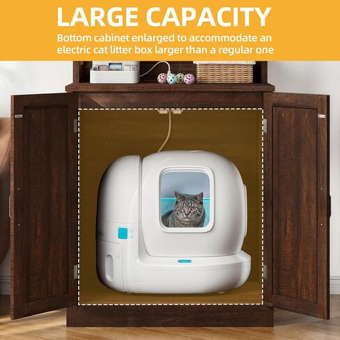 YITAHOME Large Cat Litter Box Furniture with Shelves and Charging Station, Hidden for Self-Cleaning Cat Litter Box Enclosure, Wooden Cat Cabinet for Smart Litter Box Size, Brown Oak in Saudi Arabia