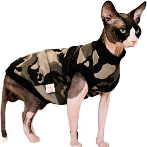 Bonaweite Sphynx Cat Vest, Cat Shirts for Cats Only, Cute Black Camouflage Print Cat Daily Wear Clothes for Devon Rex Cats Summer, Sleeveless Hairless Cat Vest, Kitten Sweater Pajamas for All Season in Saudi Arabia