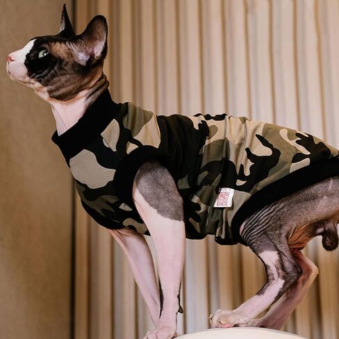 Bonaweite Sphynx Cat Vest, Cat Shirts for Cats Only, Cute Black Camouflage Print Cat Daily Wear Clothes for Devon Rex Cats Summer, Sleeveless Hairless Cat Vest, Kitten Sweater Pajamas for All Season in Saudi Arabia
