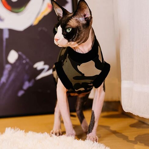 Bonaweite Sphynx Cat Vest, Cat Shirts for Cats Only, Cute Black Camouflage Print Cat Daily Wear Clothes for Devon Rex Cats Summer, Sleeveless Hairless Cat Vest, Kitten Sweater Pajamas for All Season in Saudi Arabia