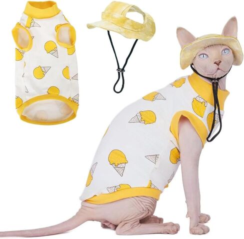 Sphynx Cat Shirt &Sun Hat Set, Breathable Stretchy Cat Clothes Suit, Soft Hairless Cats Shirt, Sleeveless Suit for Cats (Purple leopard pattern, Small) (Yellow Ice Cream, XL(6.5-8.5lbs)) in Saudi Arabia