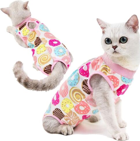 Recovery Suit for Cats Small Dogs Cotton Breathable Soft E-Collar Alternative with Sticker Surgery Suit Ideal for Cats Small Dogs Abdominal Wounds Skin Diseases,Donut Pattern in Saudi Arabia