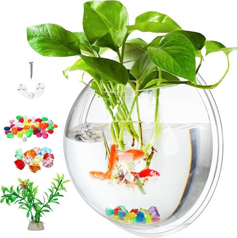 wuweot خزان الأسماك المعلق على الحائط، 9 بوصة نبات الأكريليك تررم حوض السمك حوض السمك، ديكور الحائط فقاعة الأسماك النباتية مع النباتات وهمية والحجر الملون (0.5 جالون السمك) in Kuwait