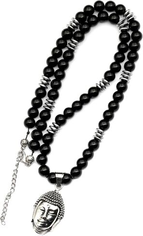 ElisaJewelryArt - قلادة بوذا من الفولاذ المقاوم للصدأ قلادة من حجر الحمم البركانية الأسود الطبيعي مطرز بالأحجار الكريمة الأصلية بقوة مشبك إغلاق قلادة للجنسين (22، حجر الحمم البركانية) in Saudi Arabia