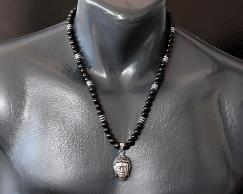 ElisaJewelryArt - قلادة بوذا من الفولاذ المقاوم للصدأ قلادة من حجر الحمم البركانية الأسود الطبيعي مطرز بالأحجار الكريمة الأصلية بقوة مشبك إغلاق قلادة للجنسين (22، حجر الحمم البركانية) in Saudi Arabia