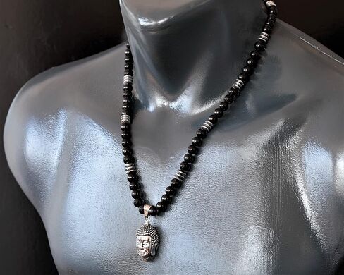 ElisaJewelryArt - قلادة بوذا من الفولاذ المقاوم للصدأ قلادة من حجر الحمم البركانية الأسود الطبيعي مطرز بالأحجار الكريمة الأصلية بقوة مشبك إغلاق قلادة للجنسين (22، حجر الحمم البركانية) in Saudi Arabia