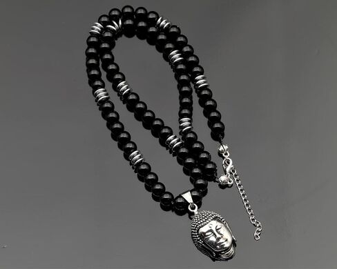 ElisaJewelryArt - قلادة بوذا من الفولاذ المقاوم للصدأ قلادة من حجر الحمم البركانية الأسود الطبيعي مطرز بالأحجار الكريمة الأصلية بقوة مشبك إغلاق قلادة للجنسين (22، حجر الحمم البركانية) in Saudi Arabia