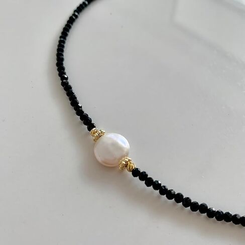 Handmade Natural Baroque Freshwater Pearl Necklace, Sweet Gift of Love, 14K Gold-Plated Winding Design, Multiple Wearing Methods, Versatile Style (Black Spinel&Pearl Buttons) in Saudi Arabia