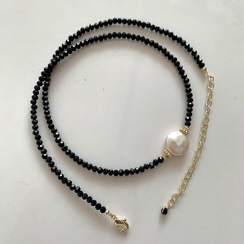Handmade Natural Baroque Freshwater Pearl Necklace, Sweet Gift of Love, 14K Gold-Plated Winding Design, Multiple Wearing Methods, Versatile Style (Black Spinel&Pearl Buttons) in Saudi Arabia