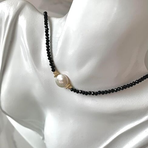Handmade Natural Baroque Freshwater Pearl Necklace, Sweet Gift of Love, 14K Gold-Plated Winding Design, Multiple Wearing Methods, Versatile Style (Black Spinel&Pearl Buttons) in Saudi Arabia