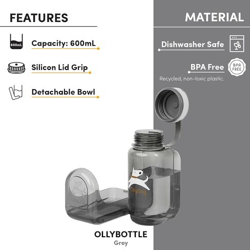 OllyDog OllyBottle، زجاجة مياه للكلاب، موزع مياه للحيوانات الأليفة مع وعاء قابل للفصل، ملحقات الحيوانات الأليفة للمشي في الهواء الطلق، والمشي لمسافات طويلة، والسفر (600 مل، رمادي) in Kuwait