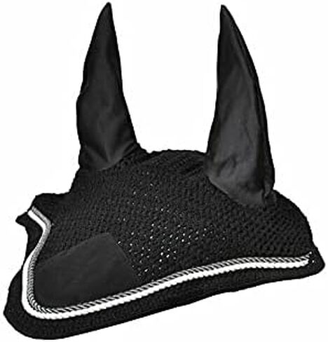 Horse Fly Bonnet Double Piping Ear Net Fly Veil Mask Breathable Cotton Crochet Horse Tack (COB, Black 1) in Kuwait