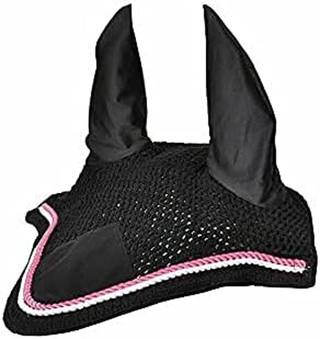 Horse Fly Bonnet Double Piping Ear Net Fly Veil Mask Breathable Cotton Crochet Horse Tack (COB, Black 1) in Kuwait
