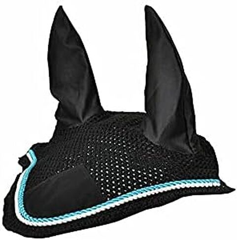 Horse Fly Bonnet Double Piping Ear Net Fly Veil Mask Breathable Cotton Crochet Horse Tack (COB, Black 1) in Kuwait