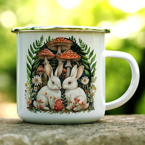 Woodland Bunnies Cottagecore Cozy Campfire Coffee Tea Hot Chocolate Mug, Spring Forest Mushroom Nature Camping Cup, Easter Gift (12oz) in Saudi Arabia