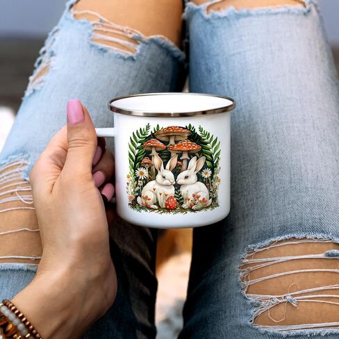 Woodland Bunnies Cottagecore Cozy Campfire Coffee Tea Hot Chocolate Mug, Spring Forest Mushroom Nature Camping Cup, Easter Gift (12oz) in Saudi Arabia