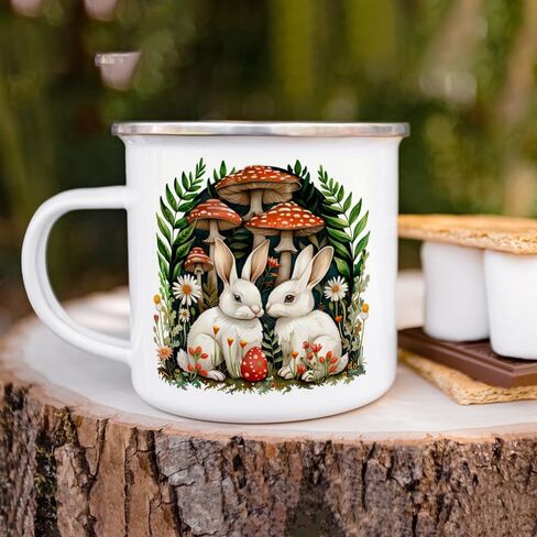 Woodland Bunnies Cottagecore Cozy Campfire Coffee Tea Hot Chocolate Mug, Spring Forest Mushroom Nature Camping Cup, Easter Gift (12oz) in Saudi Arabia